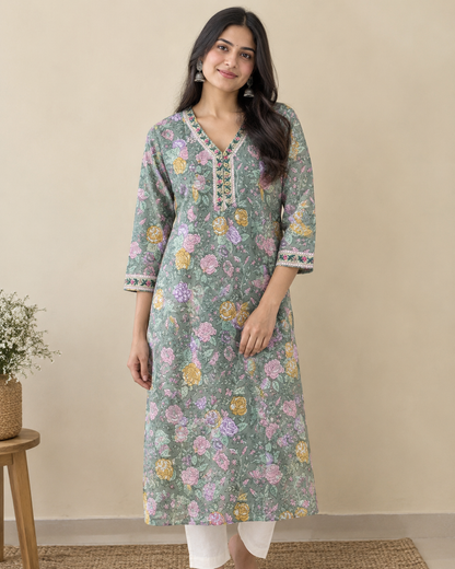 Sage Green Handprinted Floral Cotton Straight Fit Kurta with Side Pockets