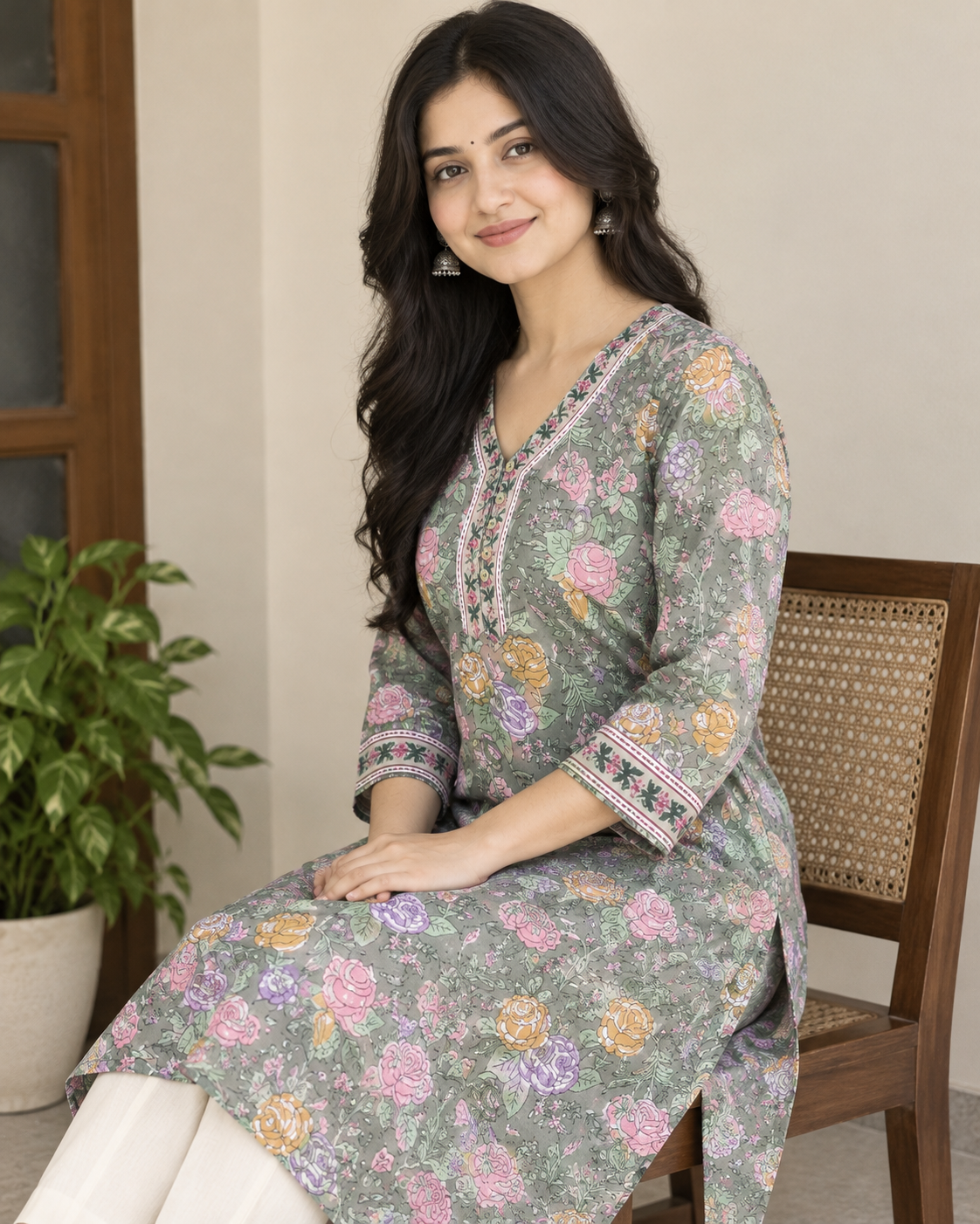 Sage Green Handprinted Floral Cotton Straight Fit Kurta with Side Pockets