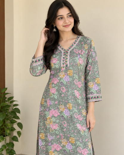 Sage Green Handprinted Floral Cotton Straight Fit Kurta with Side Pockets