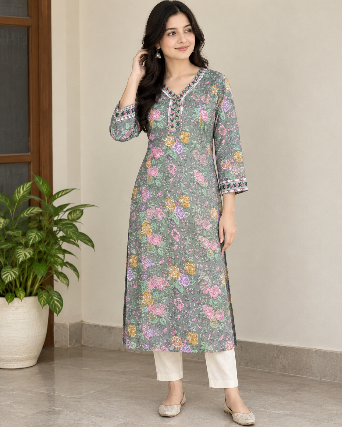 Sage Green Handprinted Floral Cotton Straight Fit Kurta with Side Pockets