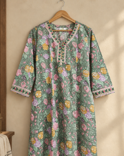 Sage Green Handprinted Floral Cotton Straight Fit Kurta with Side Pockets