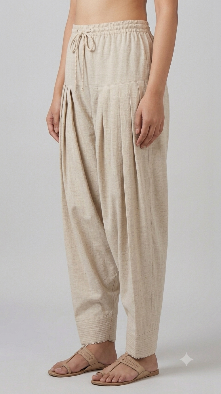 Beige Cotton Linen Pleated Salwar