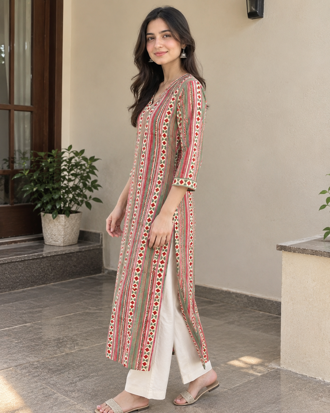 Handblocked Ajrakh Print Cotton Kurta with V-Neck