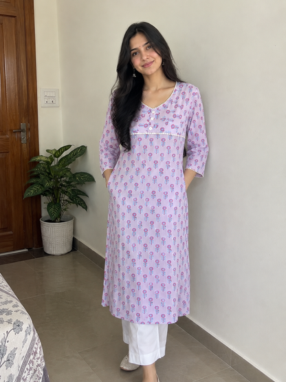 Lilac Handblock Printed Cotton Straight Fit Kurta with Crochet Lace & Side Pockets