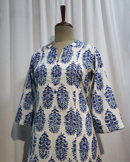Blue Sanganeri Handblock Printed A-Line Cotton Kurta with Potli Buttons