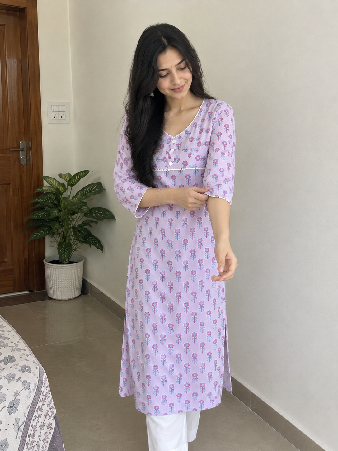 Lilac Handblock Printed Cotton Straight Fit Kurta with Crochet Lace & Side Pockets