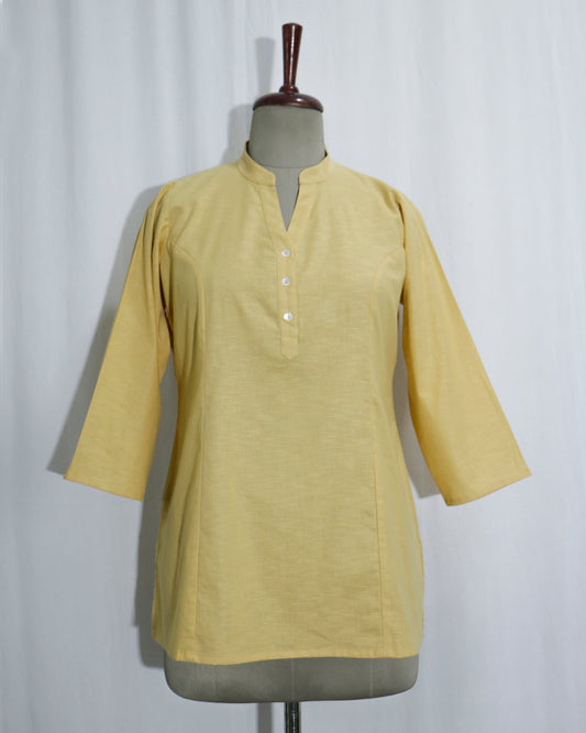Lilen Beige Short Kurta with Kurta Patti & Shell Buttons
