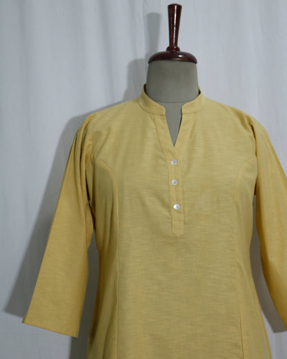 Lilen Beige Short Kurta with Kurta Patti & Shell Buttons