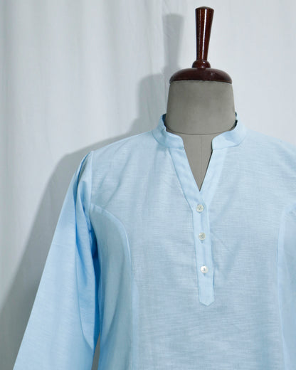 Lilen sky blue Short Kurta with Kurta Patti & Shell Buttons