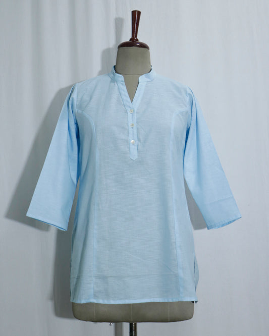 Lilen sky blue Short Kurta with Kurta Patti & Shell Buttons