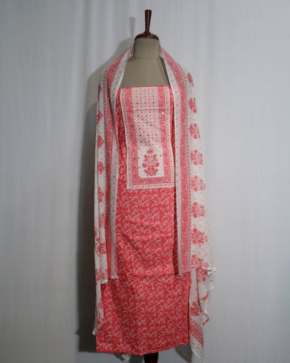 Pink Floral printed Cotton 3 piece Suit Set with mul-mul Dupatta