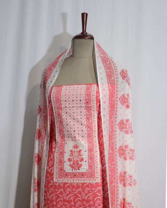 Pink Floral printed Cotton 3 piece Suit Set with mul-mul Dupatta