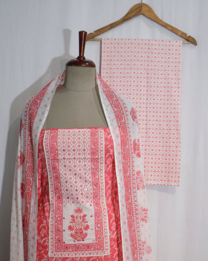 Pink Floral printed Cotton 3 piece Suit Set with mul-mul Dupatta
