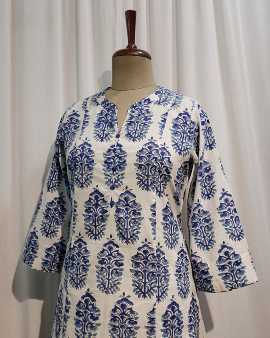 Blue Sanganeri Handblock Printed A-Line Cotton Kurta with Potli Buttons