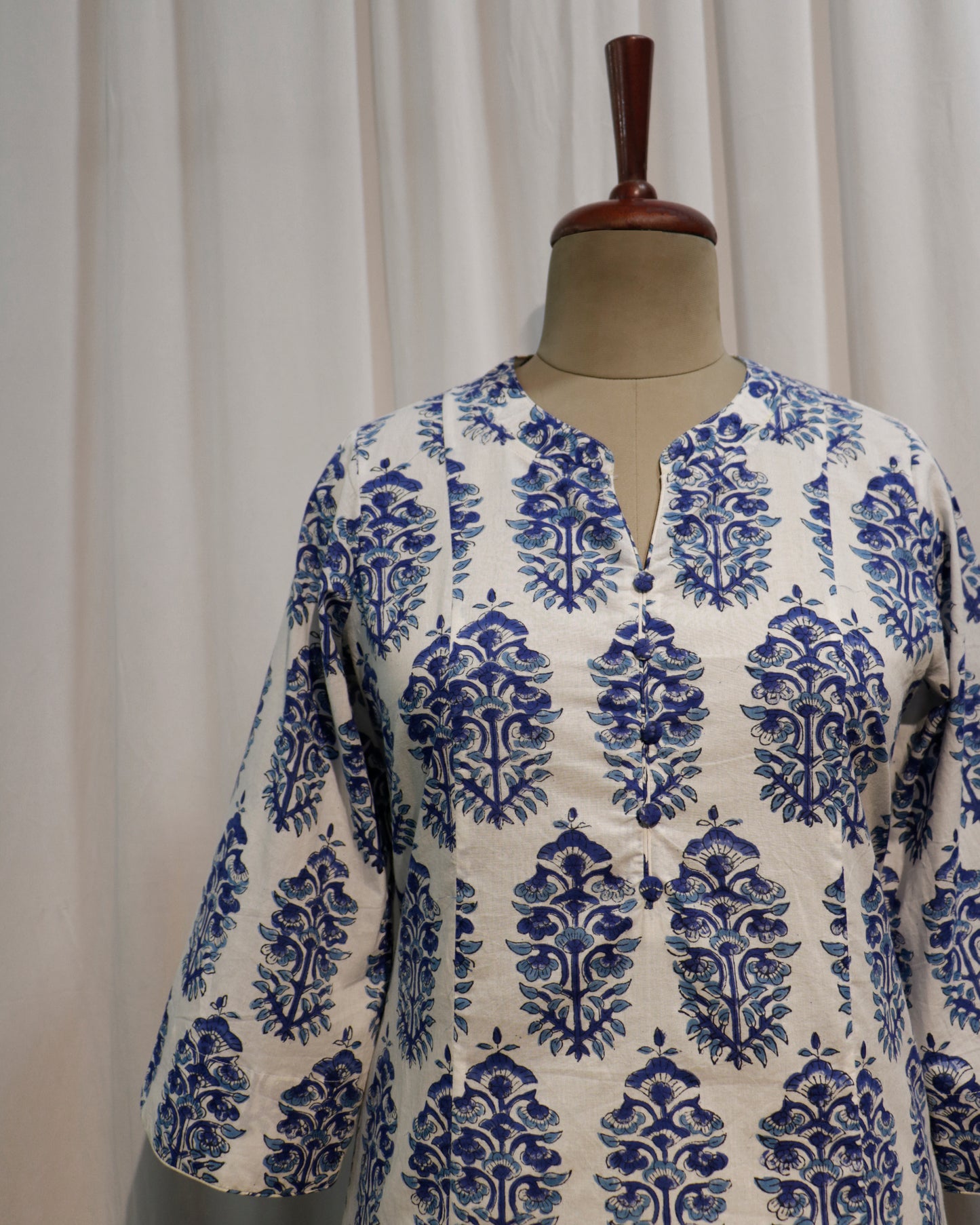 Blue Sanganeri Handblock Printed A-Line Cotton Kurta with Potli Buttons