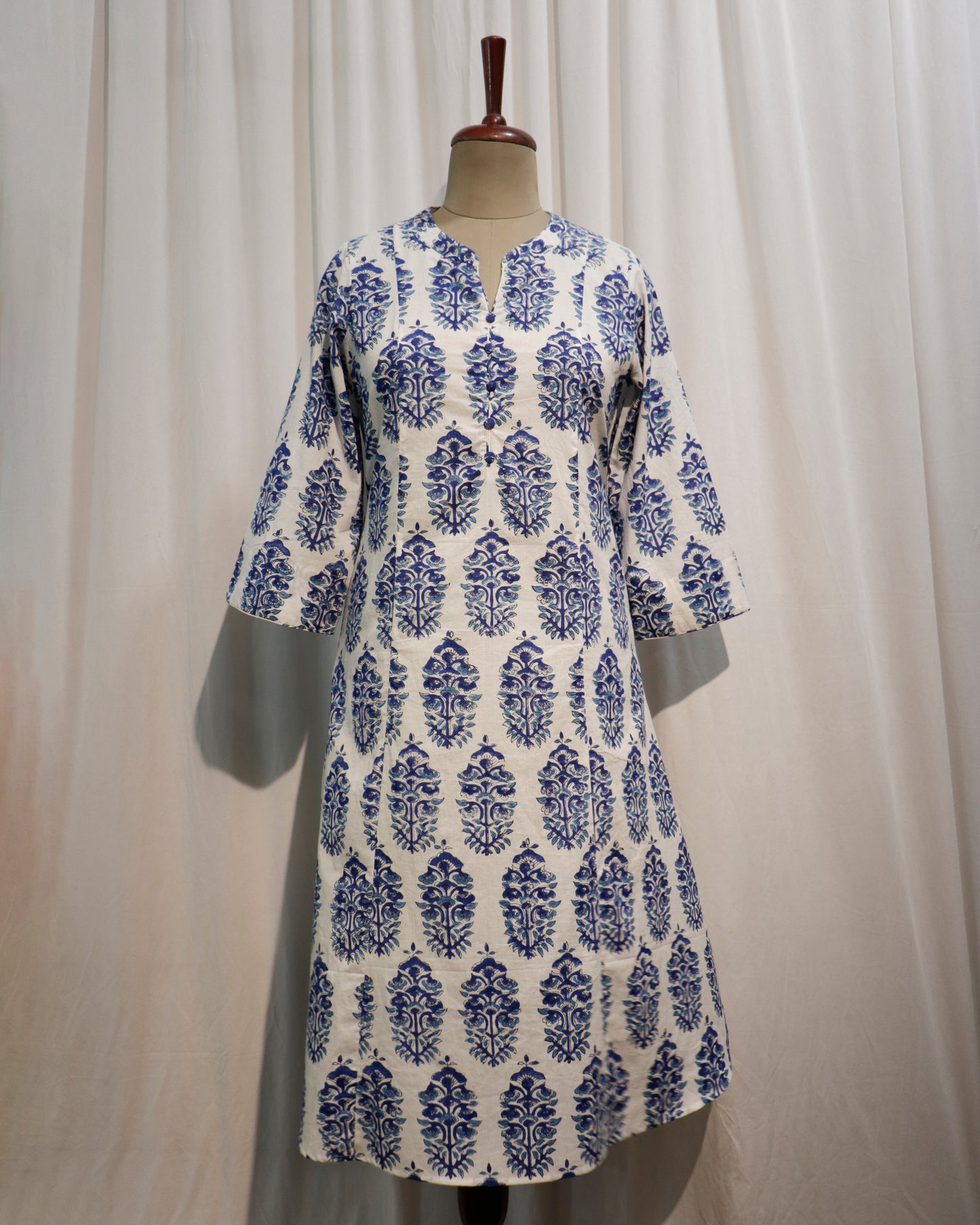 Blue Sanganeri Handblock Printed A-Line Cotton Kurta with Potli Buttons