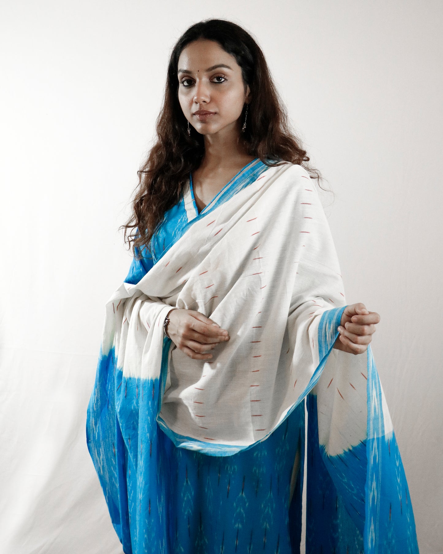 Sky Whisper Ikat Suit Set – Sky blue kurta with cream pant & shaded dupatta (cream-sky)