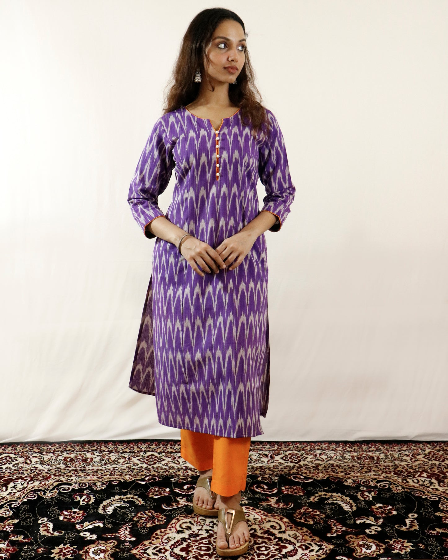 Purple Dawn Ikat Suit Set – Purple kurta with orange pant & shaded dupatta (purple-orange)
