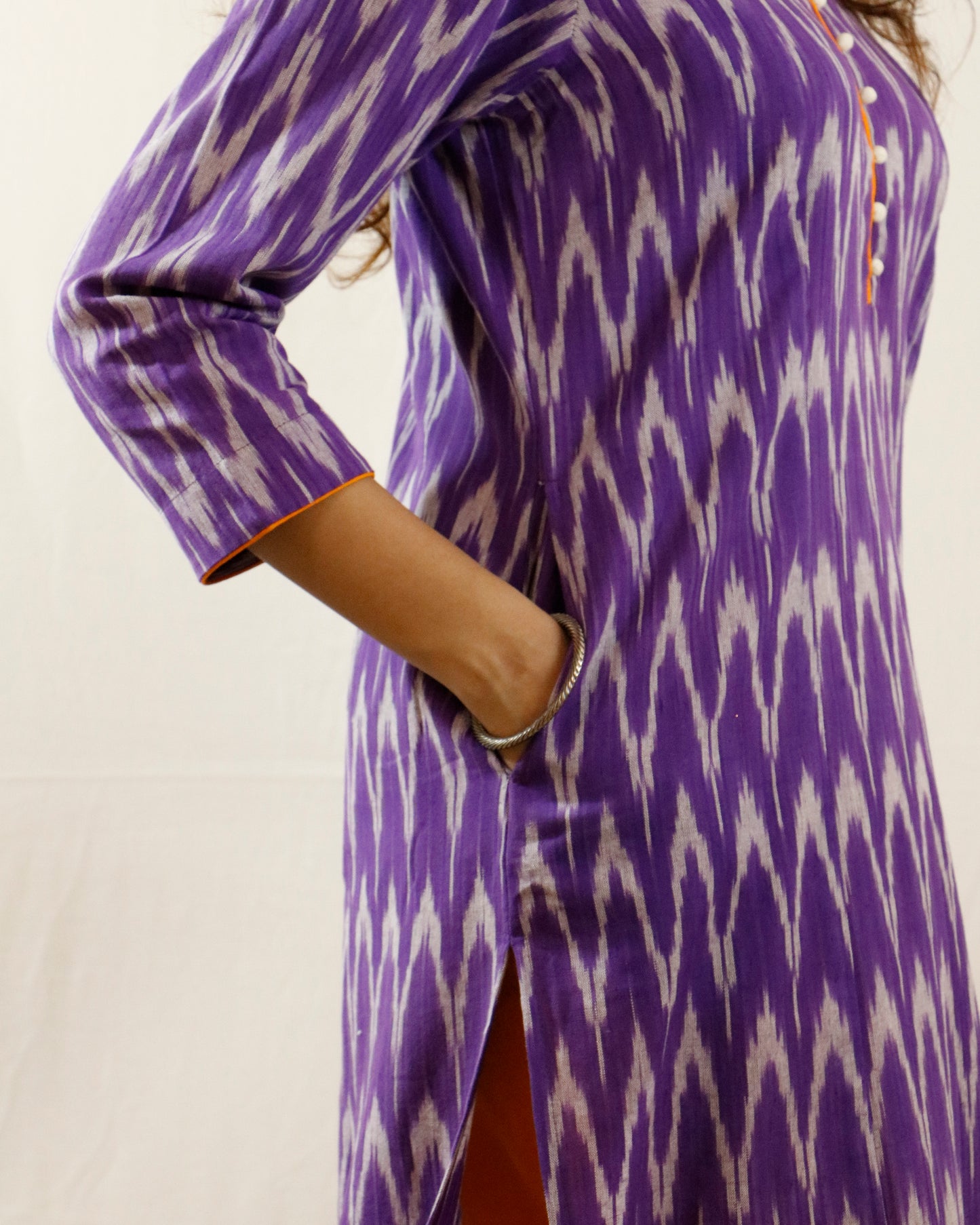 Purple Dawn Ikat Suit Set – Purple kurta with orange pant & shaded dupatta (purple-orange)