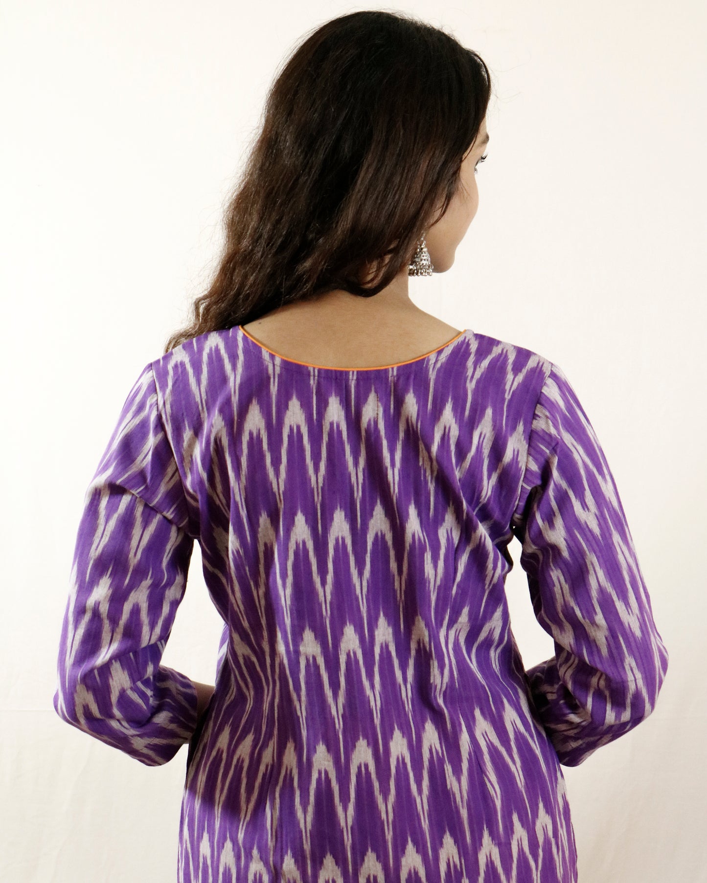 Purple Dawn Ikat Suit Set – Purple kurta with orange pant & shaded dupatta (purple-orange)