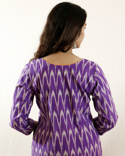 Purple Dawn Ikat Suit Set – Purple kurta with orange pant & shaded dupatta (purple-orange)