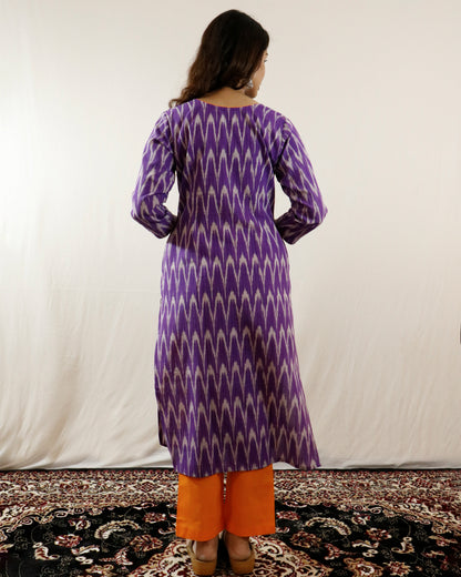 Purple Dawn Ikat Suit Set – Purple kurta with orange pant & shaded dupatta (purple-orange)