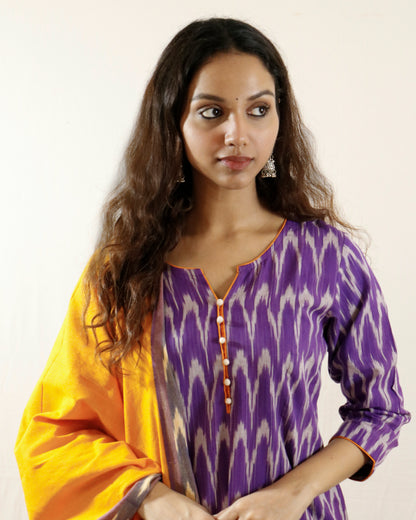 Purple Dawn Ikat Suit Set – Purple kurta with orange pant & shaded dupatta (purple-orange)