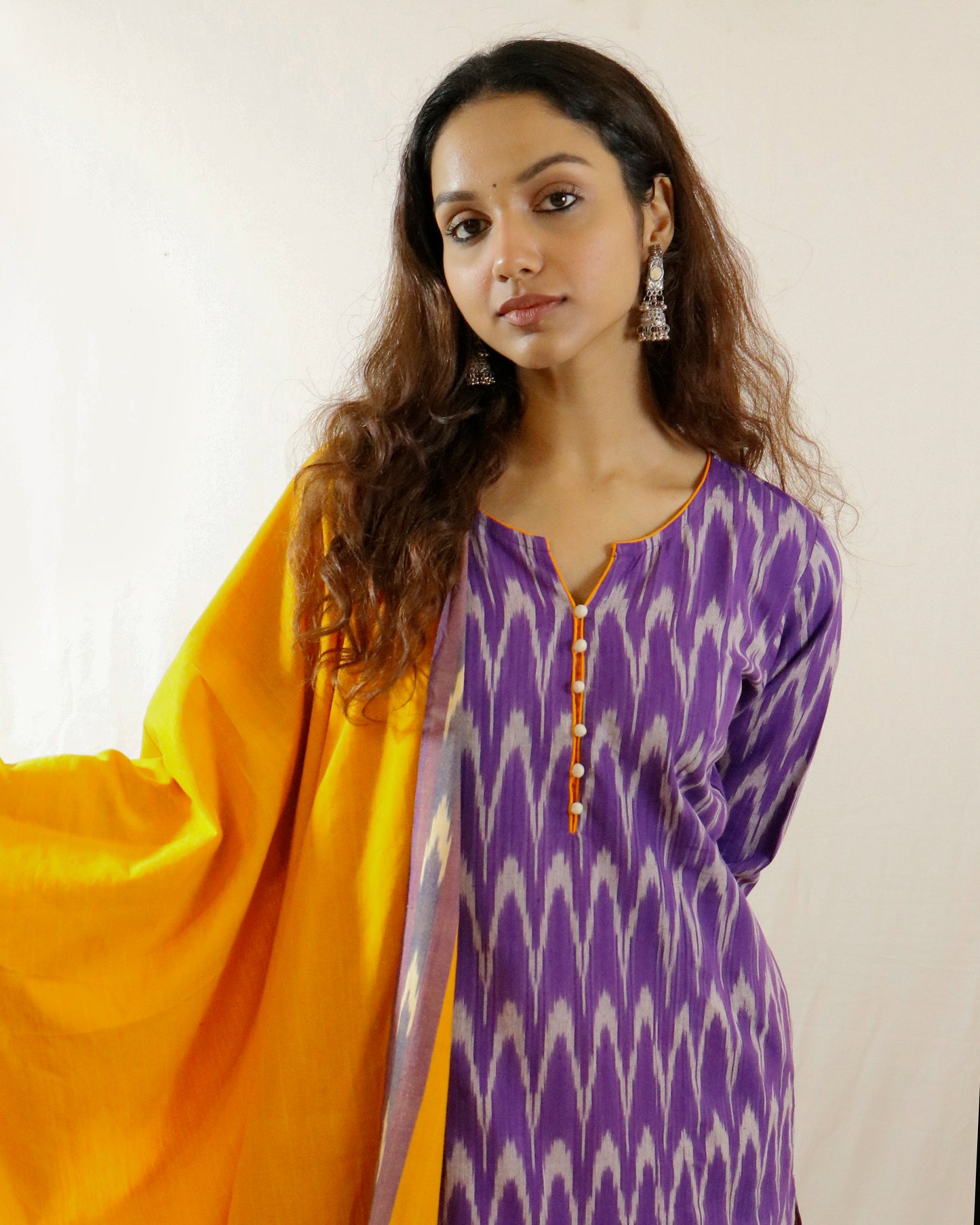 Purple Dawn Ikat Suit Set – Purple kurta with orange pant & shaded dupatta (purple-orange)