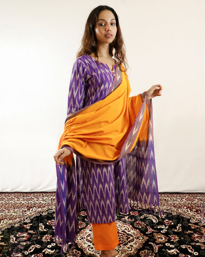 Purple Dawn Ikat Suit Set – Purple kurta with orange pant & shaded dupatta (purple-orange)