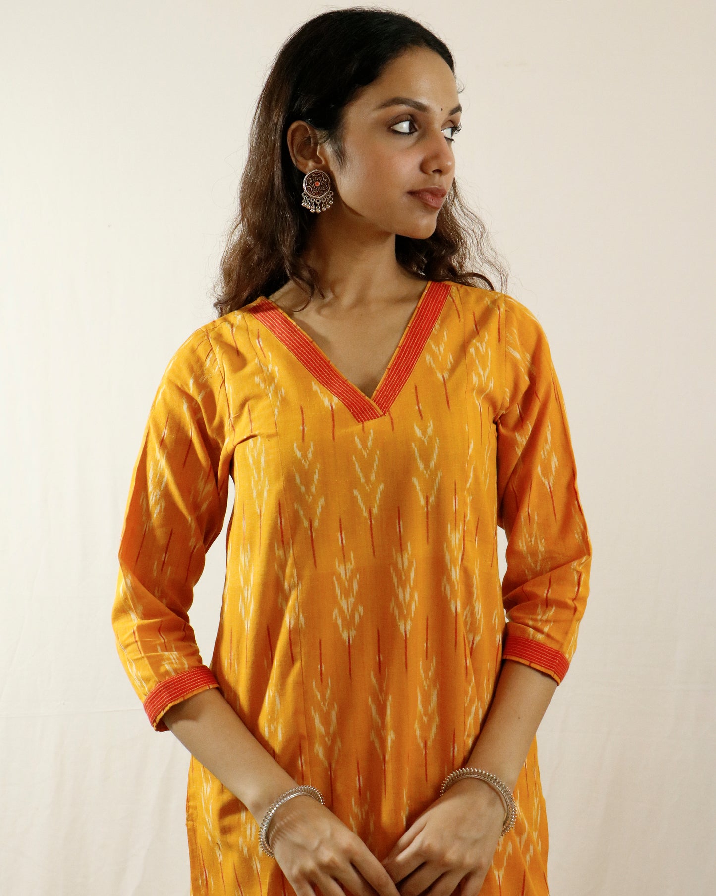 Mustard Glow Ikat Suit Set – Mustard kurta with red pant & shaded dupatta (mustard-red)