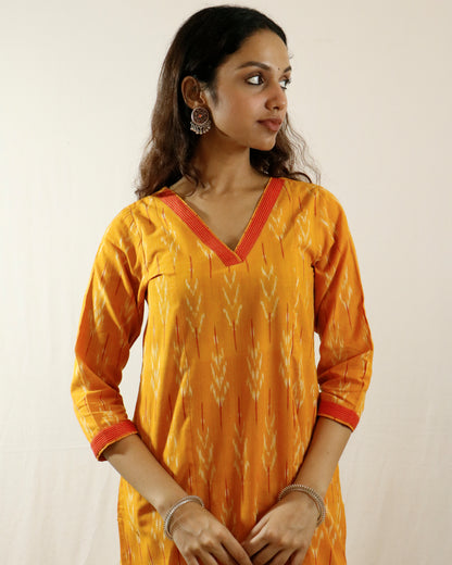 Mustard Glow Ikat Suit Set – Mustard kurta with red pant & shaded dupatta (mustard-red)
