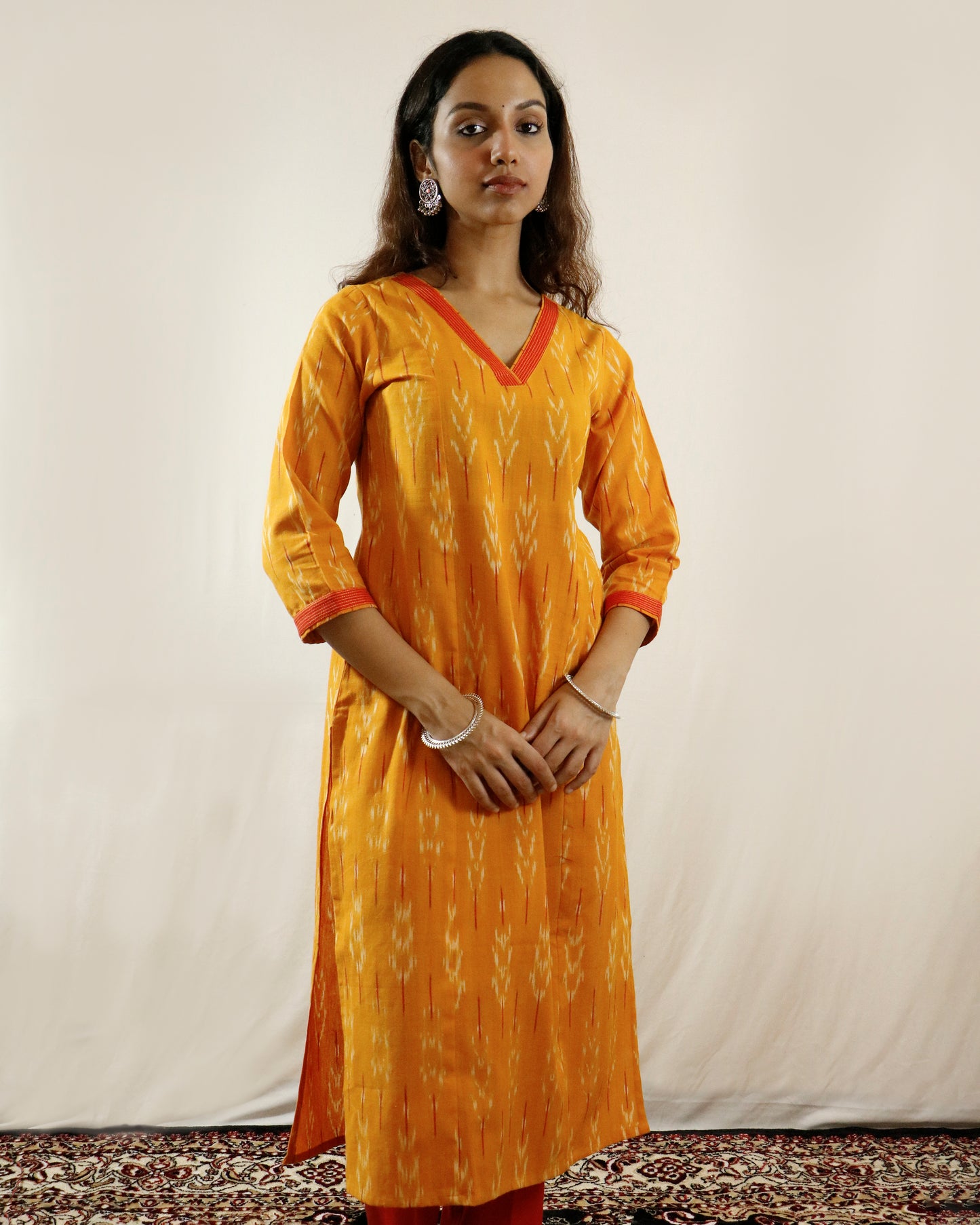 Mustard Glow Ikat Suit Set – Mustard kurta with red pant & shaded dupatta (mustard-red)
