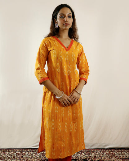 Mustard Glow Ikat Suit Set – Mustard kurta with red pant & shaded dupatta (mustard-red)