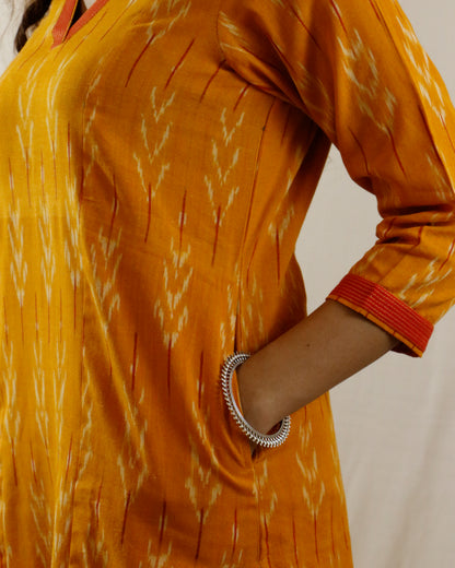 Mustard Glow Ikat Suit Set – Mustard kurta with red pant & shaded dupatta (mustard-red)