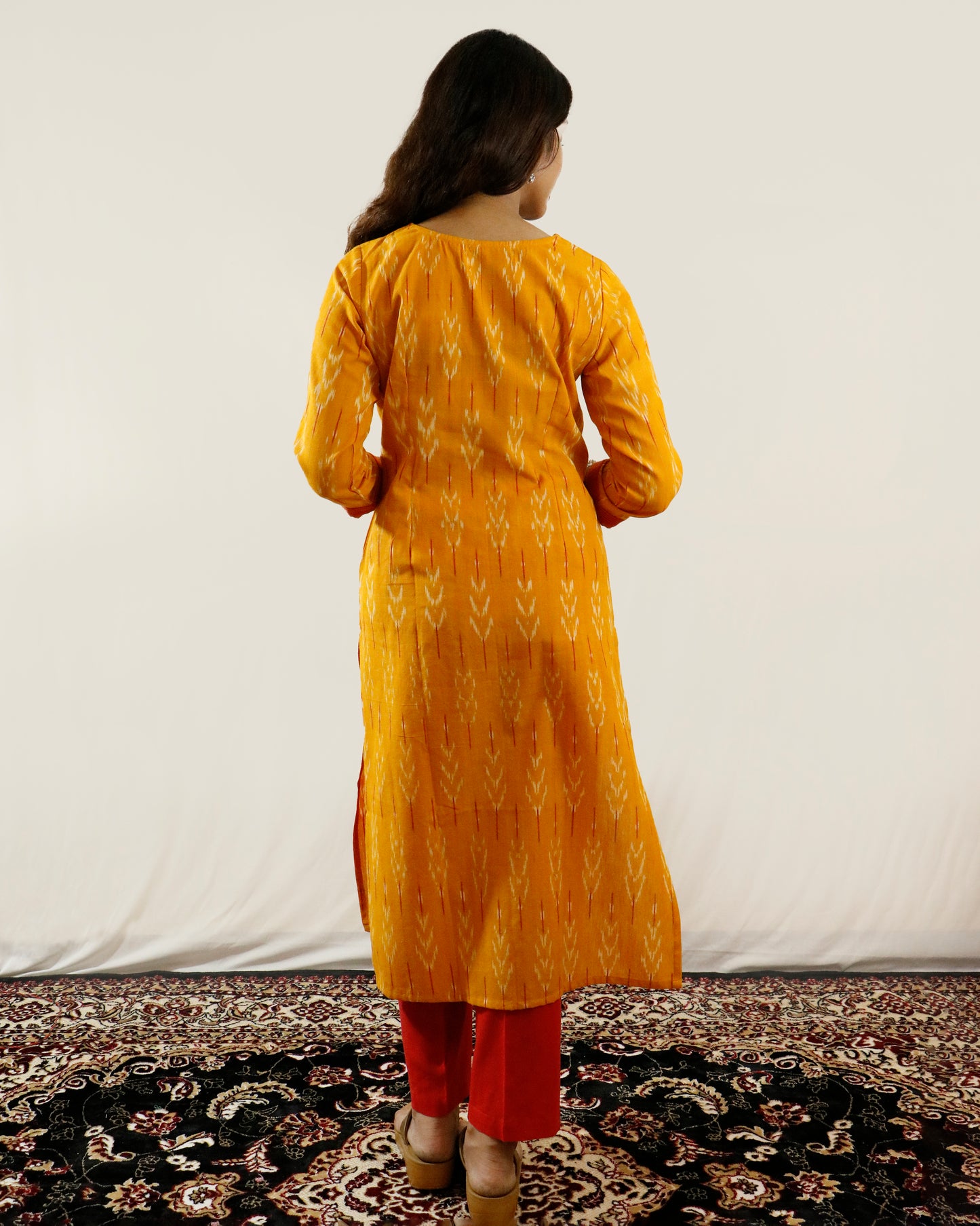 Mustard Glow Ikat Suit Set – Mustard kurta with red pant & shaded dupatta (mustard-red)