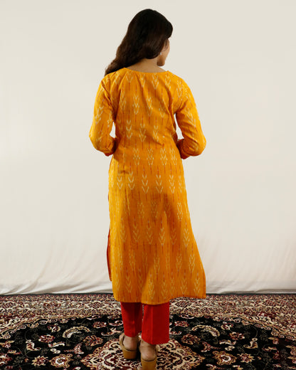 Mustard Glow Ikat Suit Set – Mustard kurta with red pant & shaded dupatta (mustard-red)