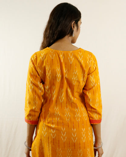 Mustard Glow Ikat Suit Set – Mustard kurta with red pant & shaded dupatta (mustard-red)