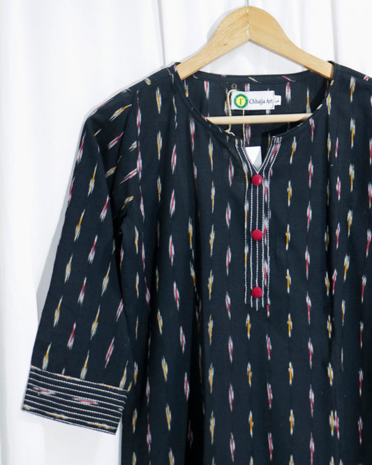 Handwoven Black Ikat Short Kurta with Threadwork Detailing
