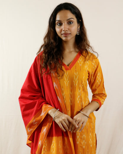 Mustard Glow Ikat Suit Set – Mustard kurta with red pant & shaded dupatta (mustard-red)