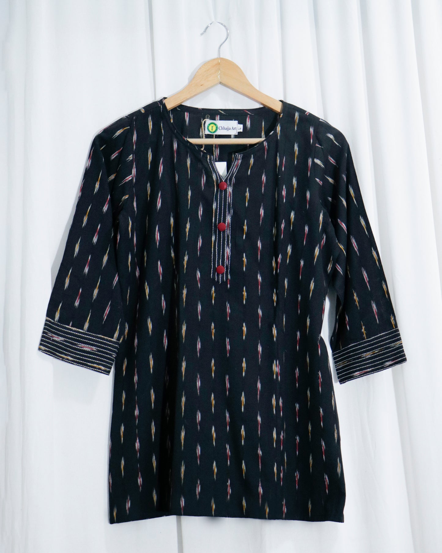 Handwoven Black Ikat Short Kurta with Threadwork Detailing