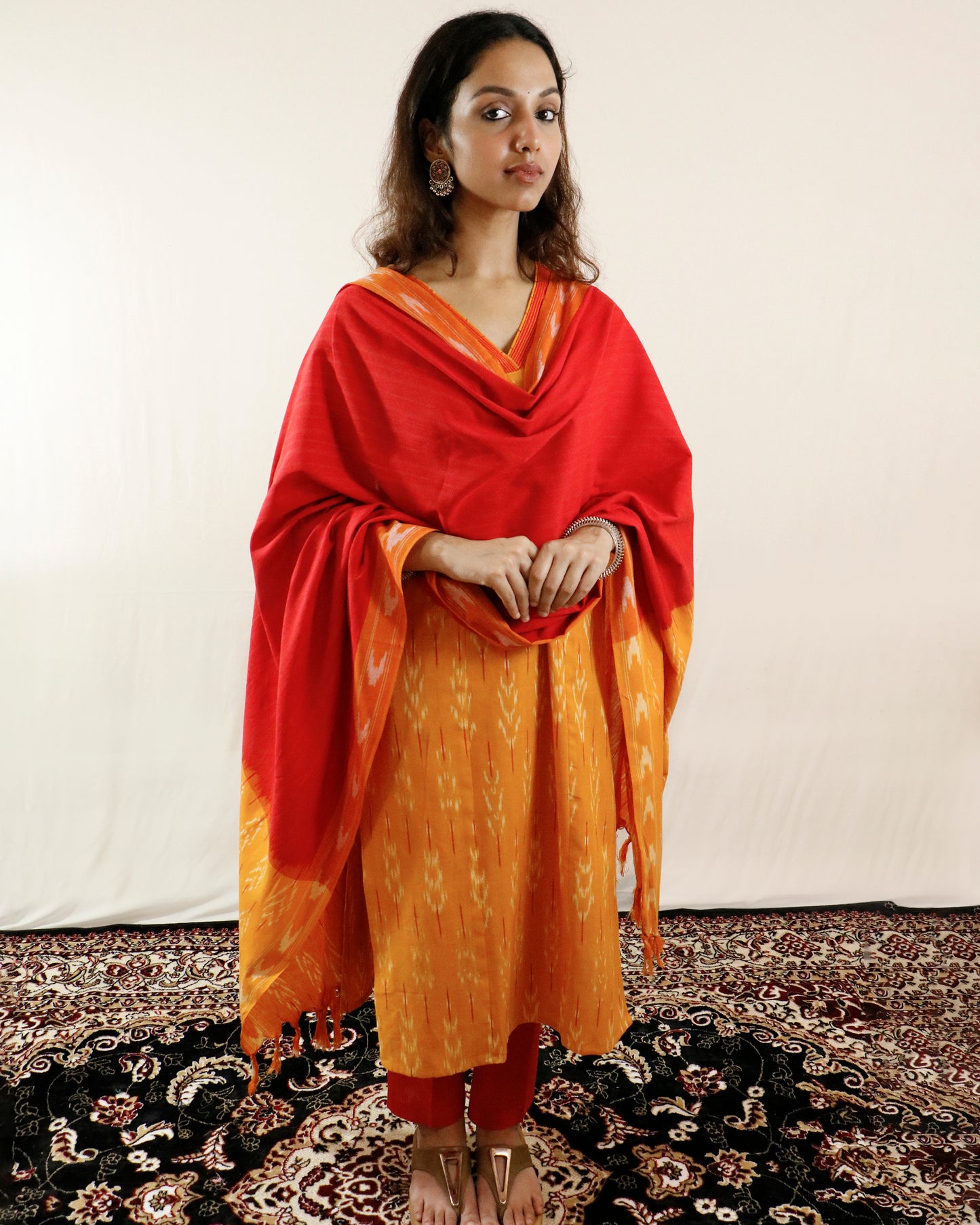Mustard Glow Ikat Suit Set – Mustard kurta with red pant & shaded dupatta (mustard-red)