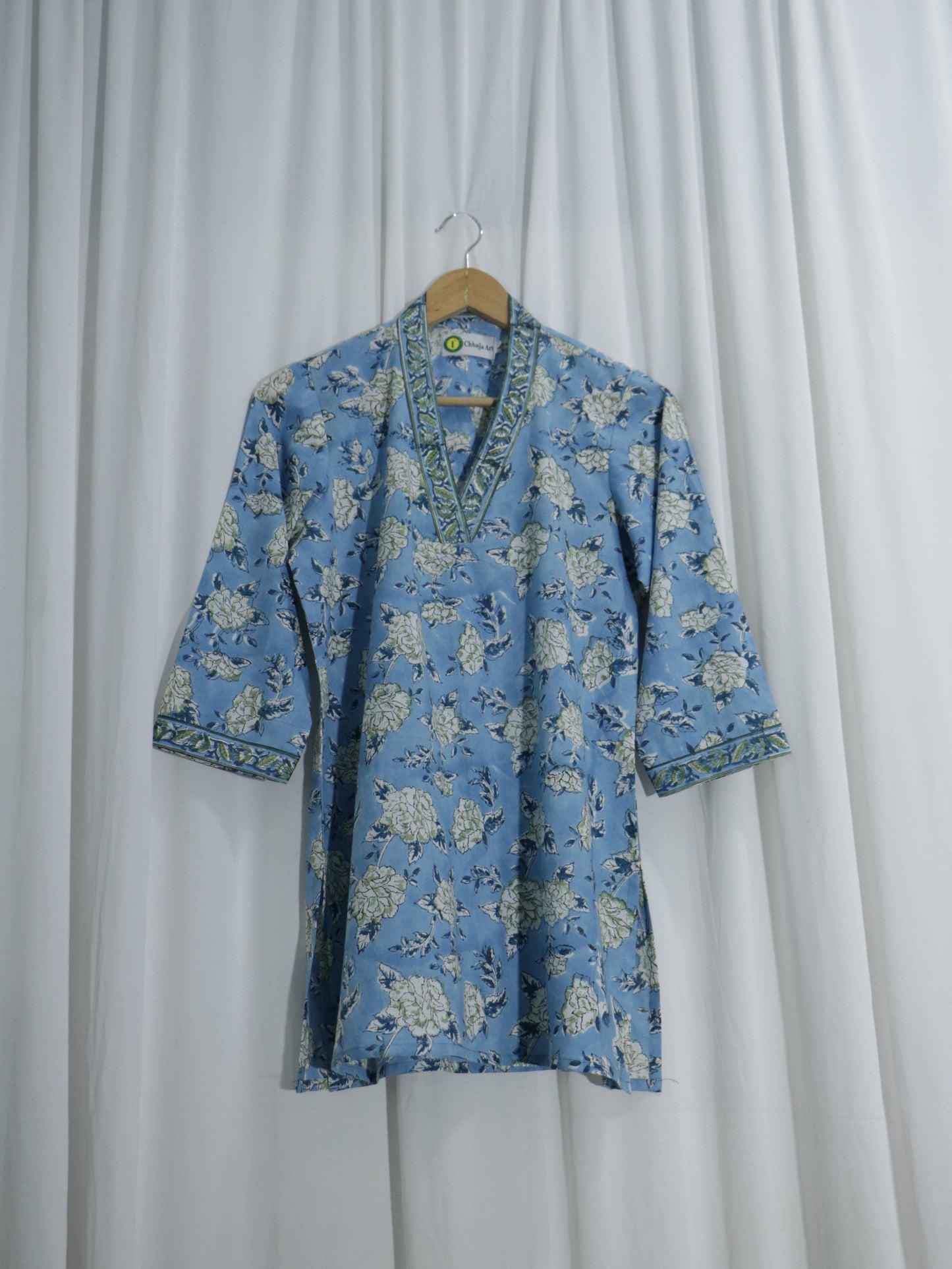 Sanganeri Handblock Printed Short Kurta with Halter Neck & Border Detailing