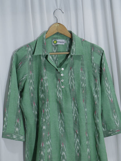 Handwoven Green Ikat Short Kurta with Coat Collar & Shell Buttons