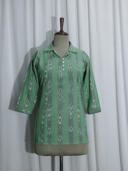 Handwoven Green Ikat Short Kurta with Coat Collar & Shell Buttons