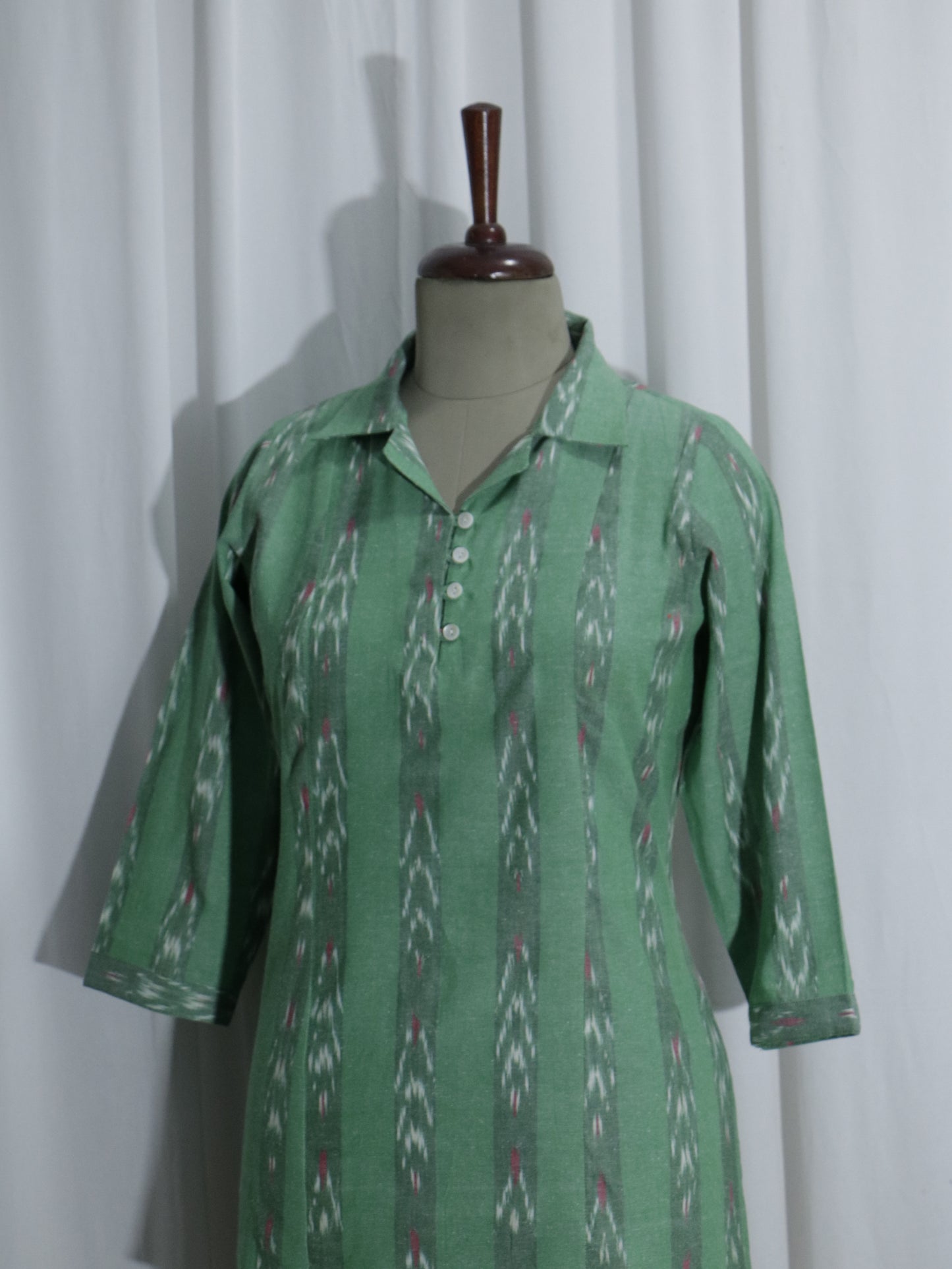 Handwoven Green Ikat Short Kurta with Coat Collar & Shell Buttons