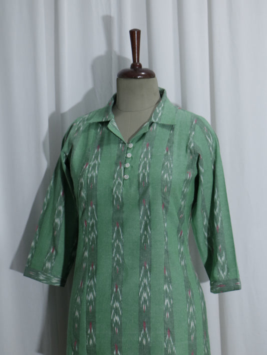 Handwoven Green Ikat Short Kurta with Coat Collar & Shell Buttons