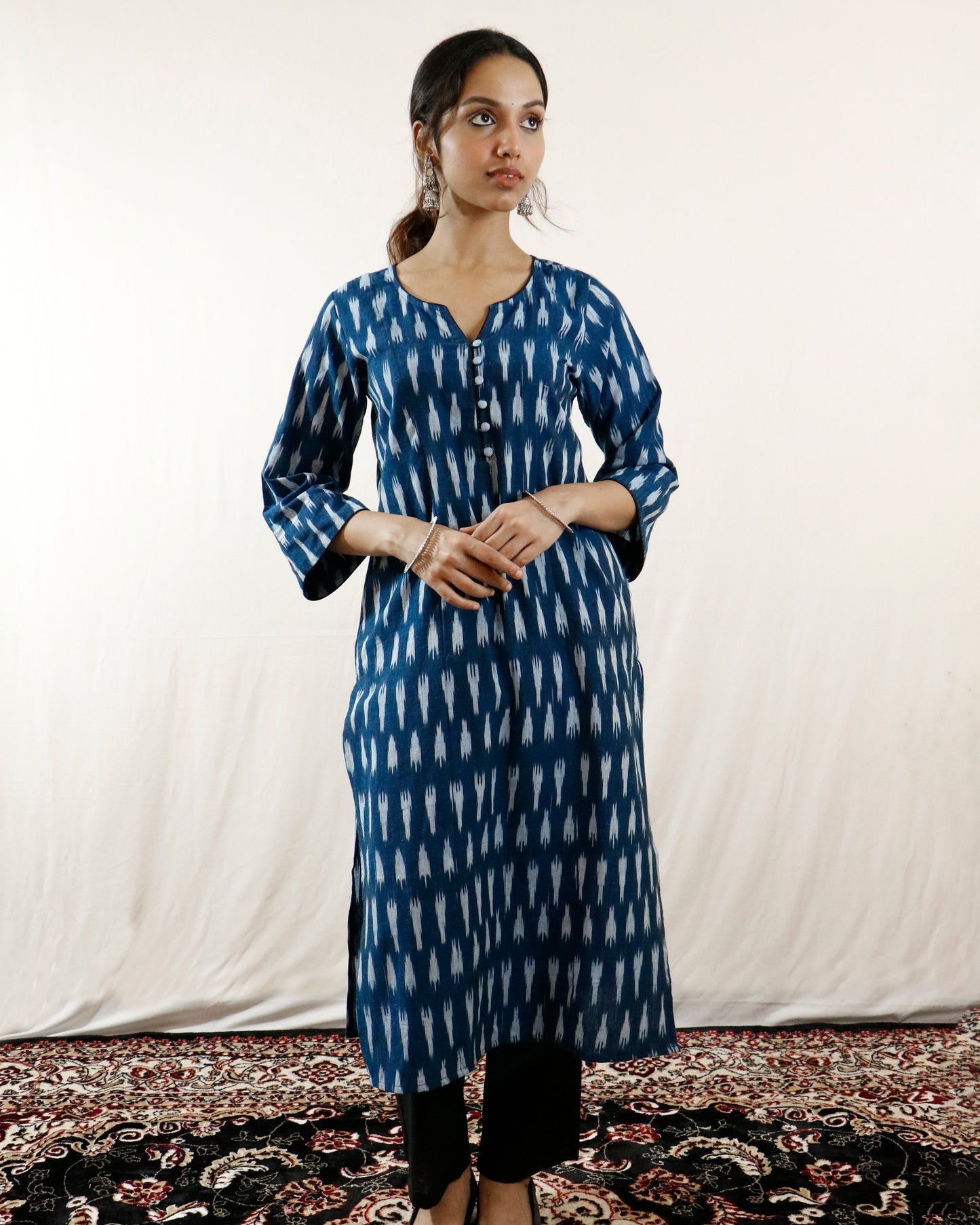 Blue Mirage Ikat Suit Set – Blue kurta with black pant & shaded dupatta (blue-black)