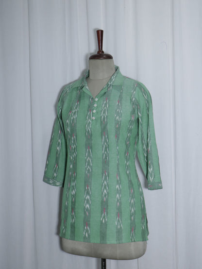 Handwoven Green Ikat Short Kurta with Coat Collar & Shell Buttons