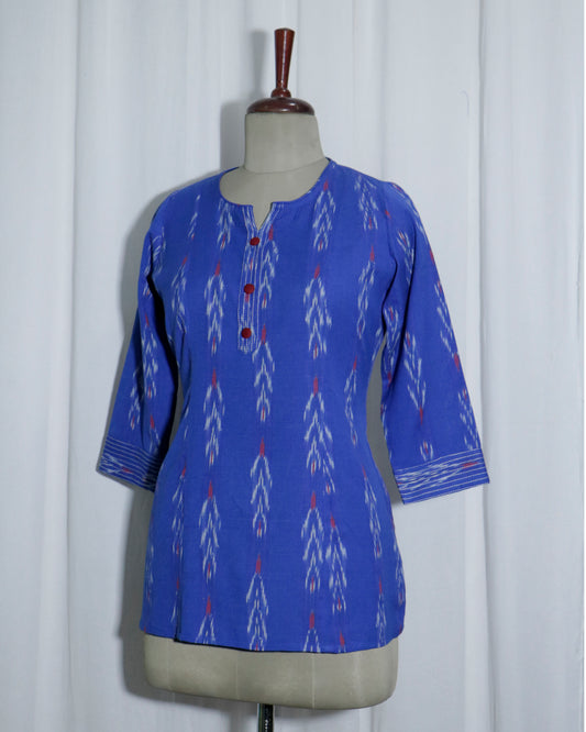 Handwoven Blue Ikat Short Kurta with Threadwork Detailing