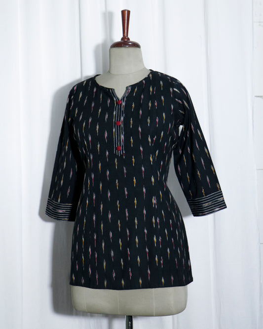 Handwoven Black Ikat Short Kurta with Threadwork Detailing